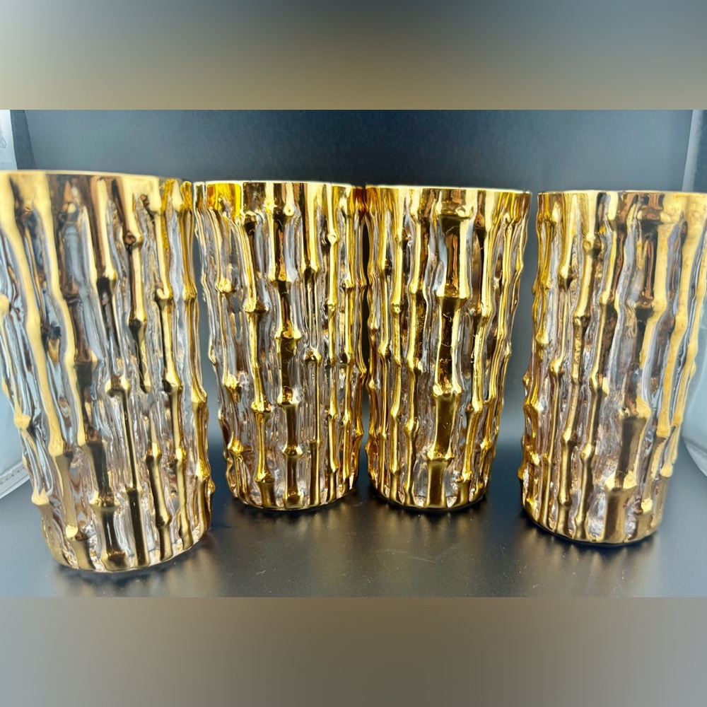4 Imperial Glass. “Bambu Gold” 14oz raised 24kt gold. Highball - Picture 4 of 15